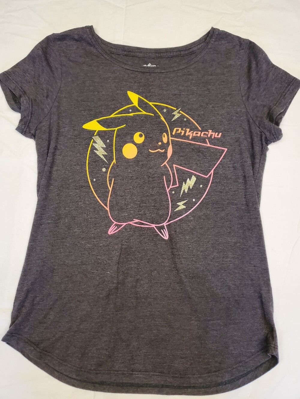 Pokemon Pikachu Girls Graphic Tee Charcoal Gray Glitter Neon Short Sleeve XL
